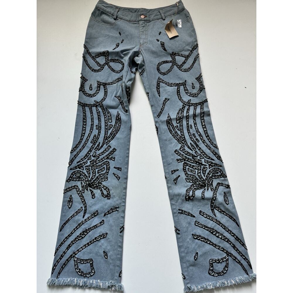 Vintage Mandalay Designs Embroidered Beaded 90s Flare Denim Jeans In Blue Size 6 - Picture 2 of 5